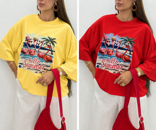 تیشرت باکسی چاپی طرح hello summer رنگبندی